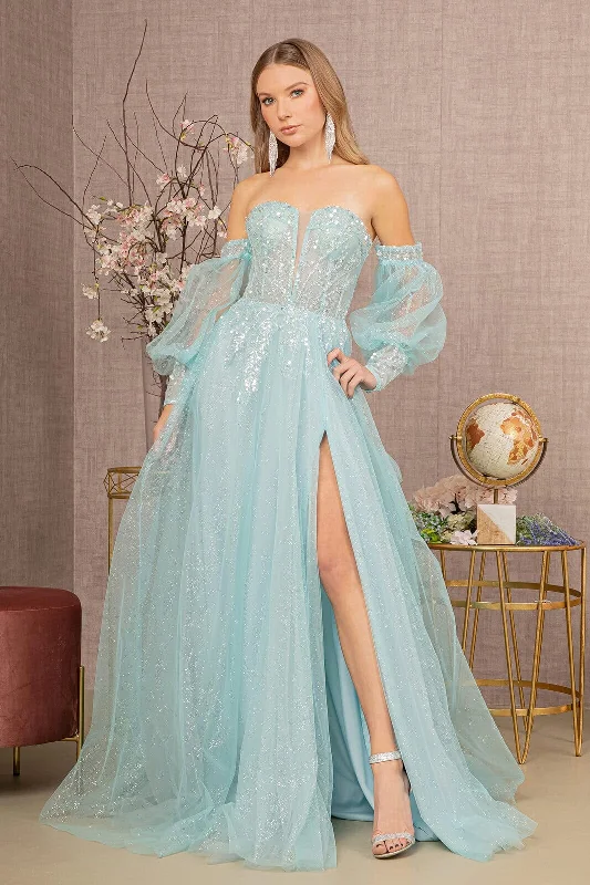 Steals and Deals Glitter Puff Sleeve Slit Gown by GLS Gloria GL3118