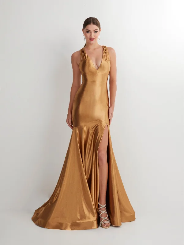 Major Savings Fitted Satin V-Neck Slit Gown by Studio 17 12890