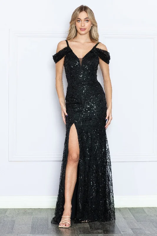 Best Bargains Fitted Glitter Print Cold Shoulder Slit Gown by Poly USA 9384