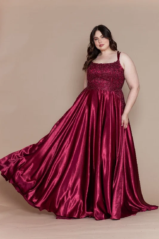 Final Markdown Plus Size Embroidered Long Satin A-line Dress by Poly USA W1094