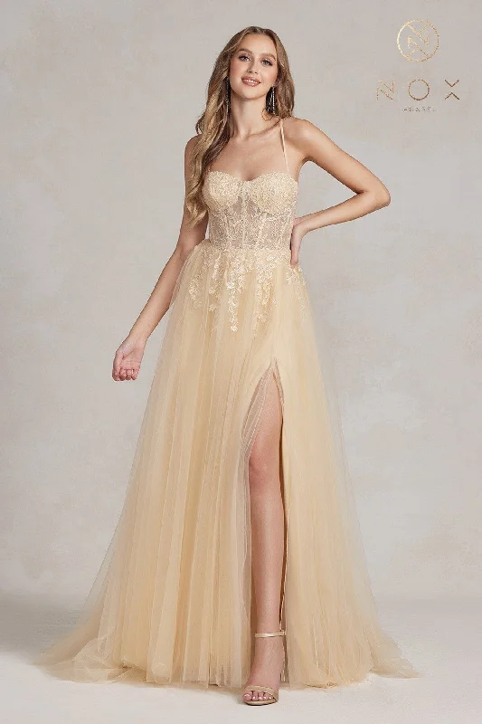 Don't Wait Applique Corset Tulle Slit Gown by Nox Anabel J1089