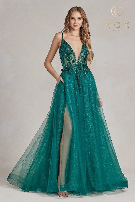 Online Specials Applique Glitter Tulle Slit Gown by Nox Anabel C1113