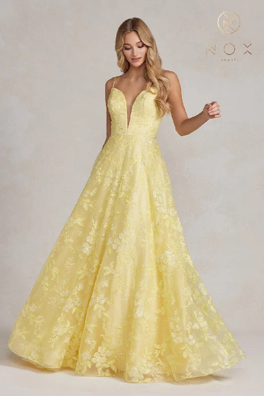 Fantastic Deals Floral Applique Sleeveless Gown by Nox Anabel E1175