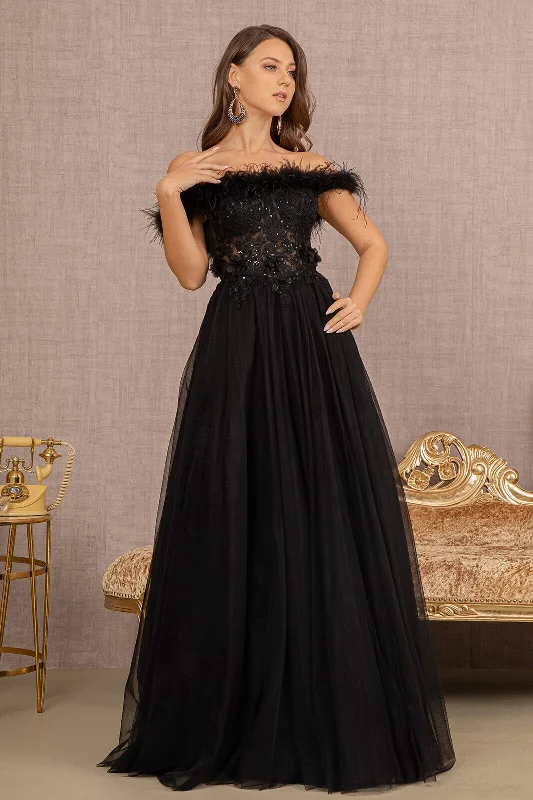 Limited Quantity Off Shoulder Feather A-line Gown by GLS Gloria GL3138