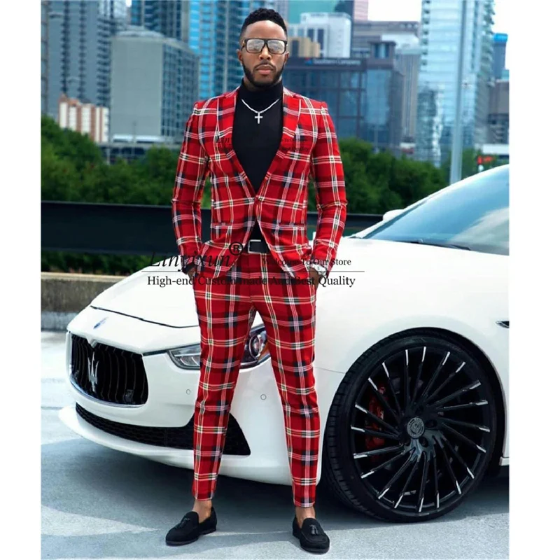 Don't Wait Awakecrm  Fashion Check Plaid Red Men Suits Slim Fit Notached Lapel 2 Pieces Groom Wedding Tuxedo Best Man Blazer Prom Party Costume Homme