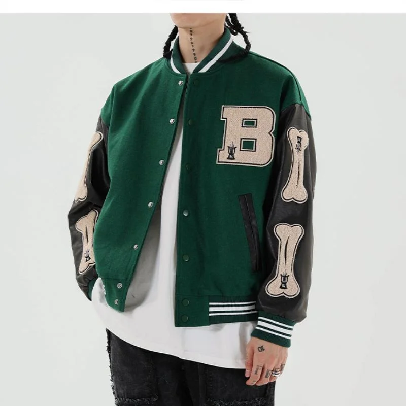 Great Deals awakecrm Men’s Jackets Bone Letter Patchwork Harajuku Korea Style High Street Spring Autumn Baseball Coats Single-breasted Bomber Jacket