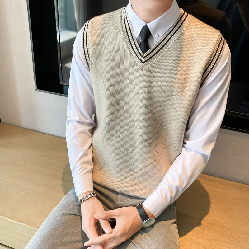 Act Fast Awakecrm New Design Knitted Sweater Vest Man V Neck Plaid Sleeveless Jumper England Business Casual Slim Fit Pullovers