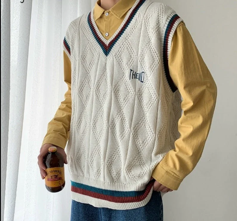 Closeout Awakecrm Sweater Vest Men Letter Printed BF V-neck 2XL Oversize Mens Vests Preppy Style Chic Daily Streetwear Leisure Retro Knitted New