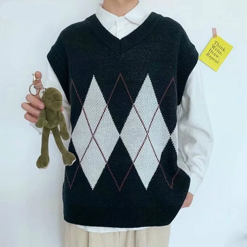 Price Drop Awakecrm  Sweater Vest Men Patchwork V-neck Sleeveless Sweaters Chic Preppy Style Side-Slit Couples Teens Waistcoat Retro High Quality New