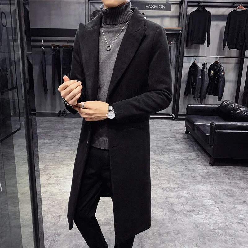 Price Reduction awakecrm wool long coat men Korean Style Fashion Woolen Winter CoatsTurn Down Collar Long Wool Coat and Jacket Single Breasted  Overcoat