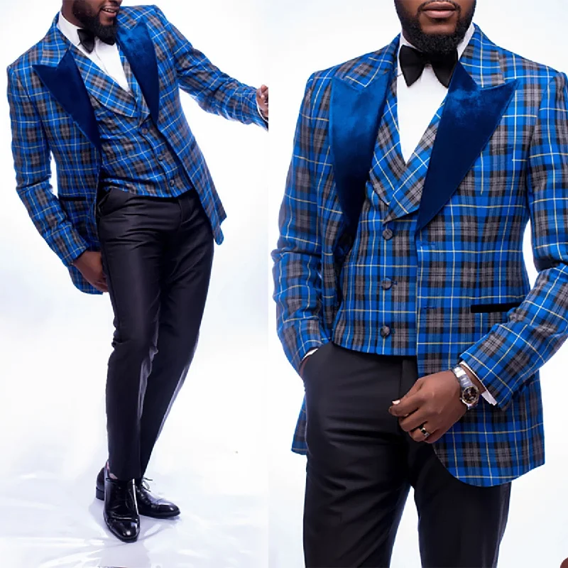 Price Cut Blue Plaid Men Suits 2 Pieces Blazer Vest Black Pants Single Breasted Velvet Lapel Wedding Formal Work Party Causal Tailored