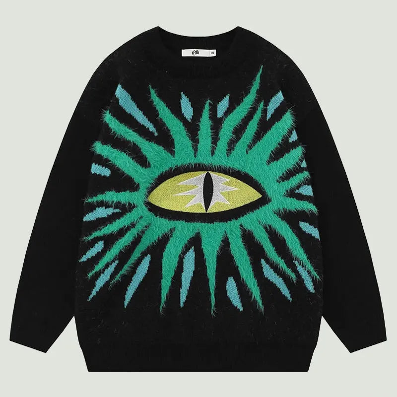Take Advantage Hip Hop Oversized Ugly Knitted Sweaters Men Harajuku Eye Pattern Embroidery Jumper Retro Casual Loose O-Neck Y2K Pullover Unisex