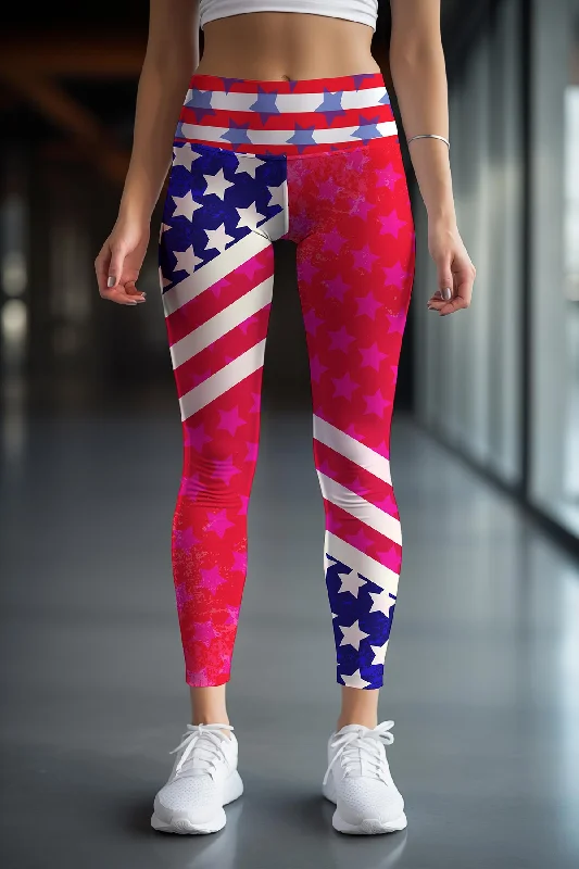 Last Chance Americana Lucy Red & Blue Printed Leggings Yoga Pants - Women