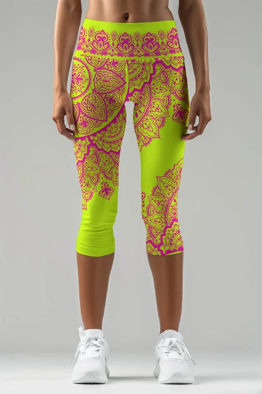 Don’t Miss Out Blossom Nirvana Ellie Yellow Pink Performance Capri Leggings - Women