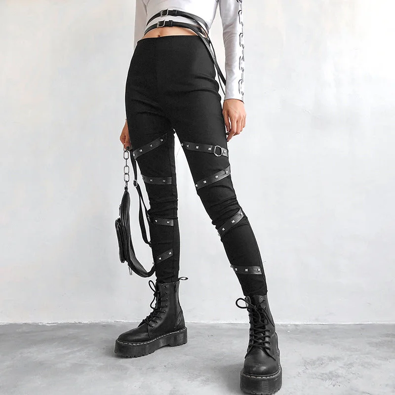 Low Prices Push Up Black Gothic Leggings Women Ribbon With Rivet Patchwork Leggins Mujer Streetwear High Waist Punk Legging Pants