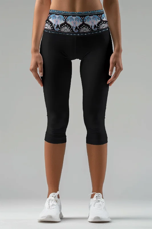 Extra Savings Sri Lanka Ellie Black Boho Elephant Print Yoga Capri Leggings - Women