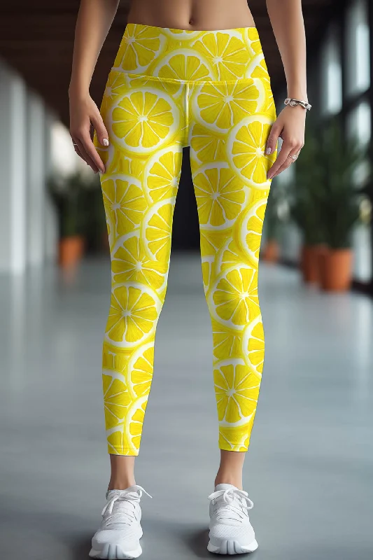 Fantastic Offers A Piece of Sun Lucy Yellow Lemon Print Leggings Yoga Pants - Women