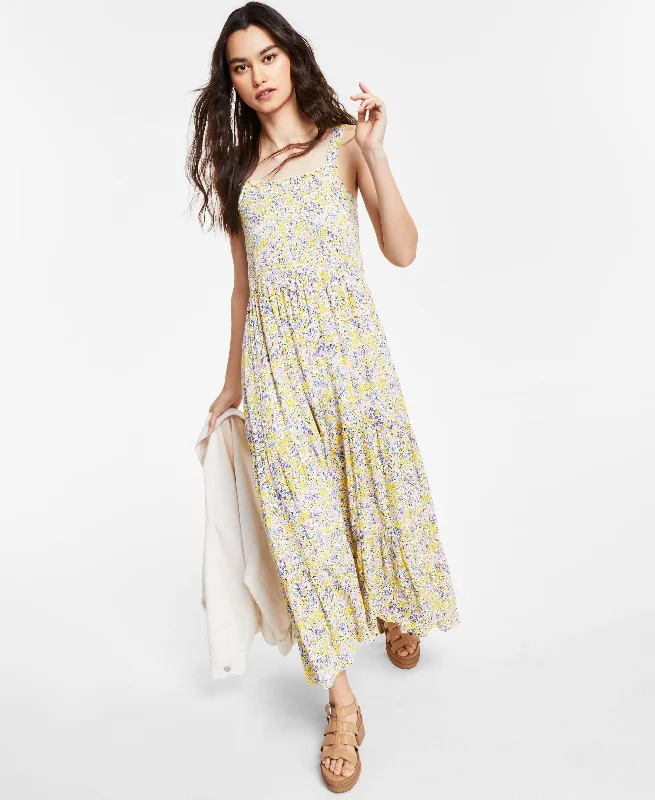 One-DAY Sale Black Tape Smocked Floral Print Maxi Dress
