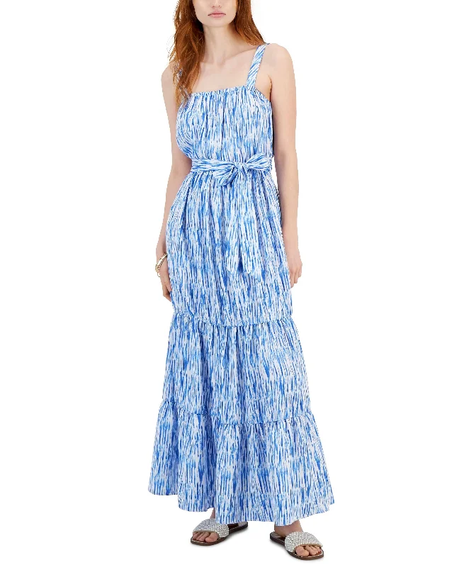 Super Deal Women's Printed Tiered Tie-Waist Maxi Dress