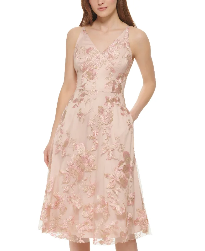 Online Only Vince Camuto Womens Embroidered Mesh Midi Dress