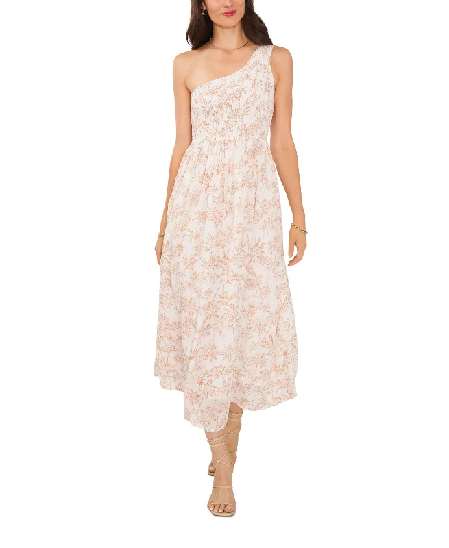 Limited Availability Women's Printed One Shoulder Smocked Midi Dress