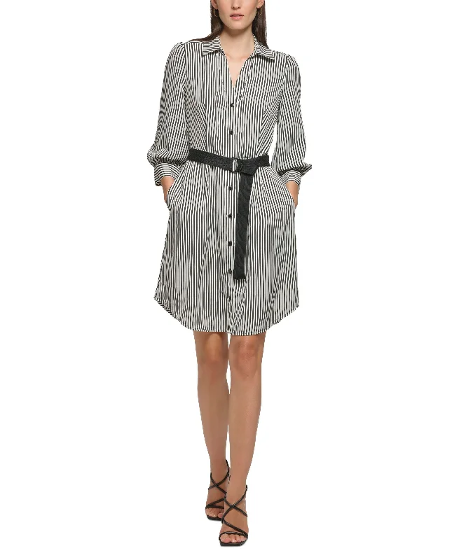 Quick Sale Women's Striped 3/4-Sleeve Belted Shirtdress